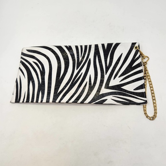 Ted Rossi Zebra Print Soft Leather Fold Over Clutch Gold Leather Lining Studs